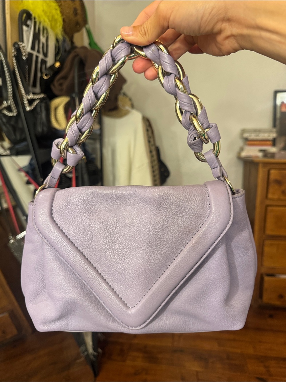 Vince Camuto Lavender Leather Shoulder Bag with Braided Chain Handle